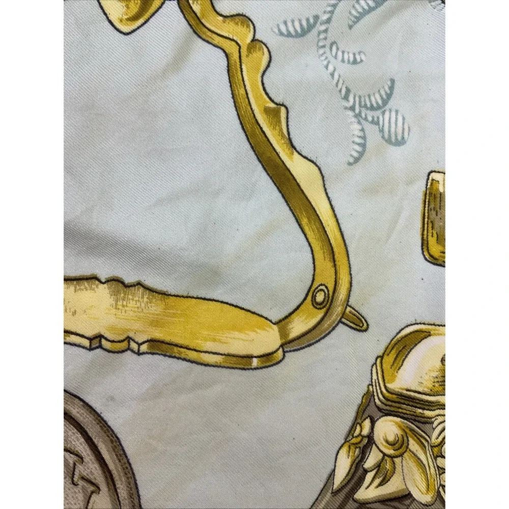 Hermes Scarf Carre 90 Etriers Silk Light Blue Gold Equestrian Design France Flaw